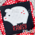 Heart Piggy Bean Stitch Applique Embroidery Design: Gray gingham pig applique with red hearts above the name RAMSY in red on a black shirt