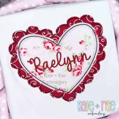 Scalloped Double Heart Bean Stitch Applique Embroidery Design