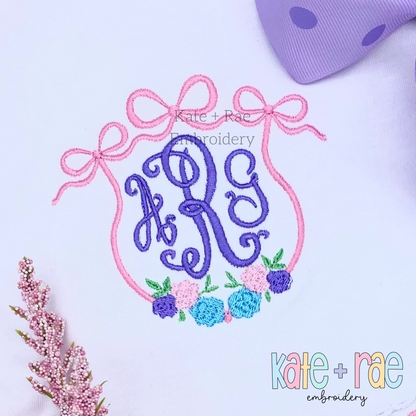 Floral Triple Flowy Bow Crest Embroidery Design