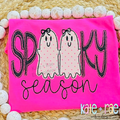 Girls Spooky Season Bean Stitch Applique Embroidery Design: Pink polka dot ghost appliques with bows in SPOOKY above season in black on a hot pink shirt