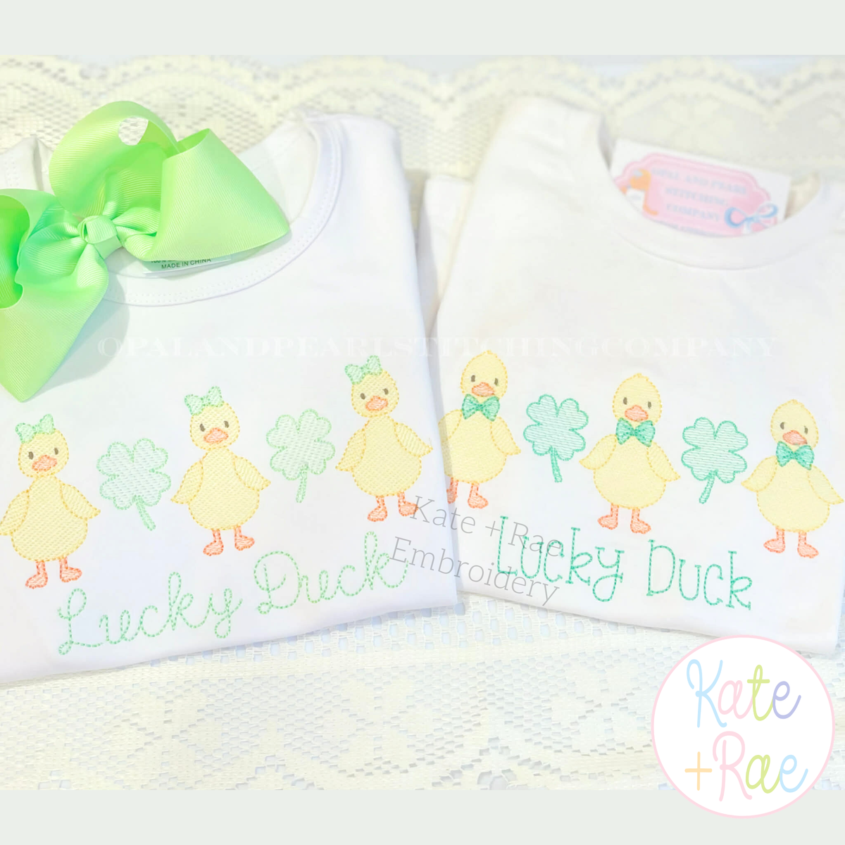 Girl Duck with Bow Sketch Stitch Embroidery Design: Two Lucky Duck shirts with sketch ducks and shamrocks