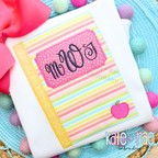 Boy's Back to School Notebook Zigzag Applique Embroidery Design: Pastel striped notebook applique with a pink label monogram and a pink apple on a white shirt