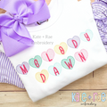 Candy Heart Sketch Stitch Embroidery Font: Pastel candy hearts with pink letters spelling Melody Dawn on a white shirt