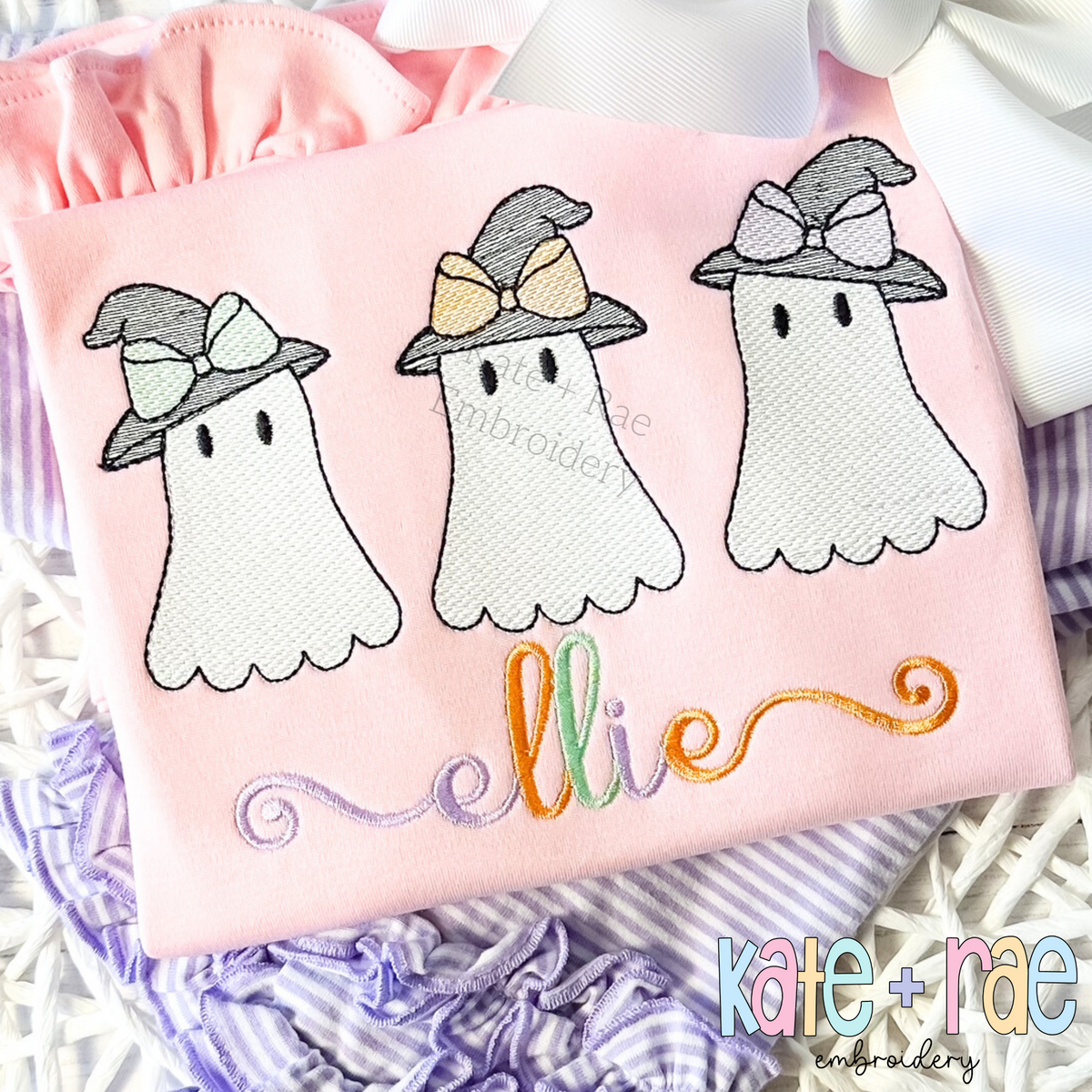 Girls Ghost with Witch Hat Trio Sketch Stitch Embroidery Design: Three sketch ghosts with gray witch hats and pastel bows above the name ellie on a pink shirt