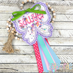 ITH Scalloped Bow Bag Tag Double Bean Stitch Applique Embroidery Design: Lavender scalloped bow bag tag with confetti shaker window and the name Sawyer tied with ribbons