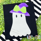 Girls Ghost with Witch Hat Zigzag Stitch Applique Embroidery Design: White ghost applique with a purple striped witch hat and lime bow on a black shirt