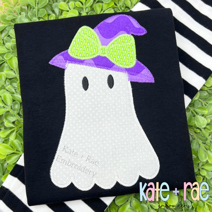 Girls Ghost with Witch Hat Zigzag Stitch Applique Embroidery Design
