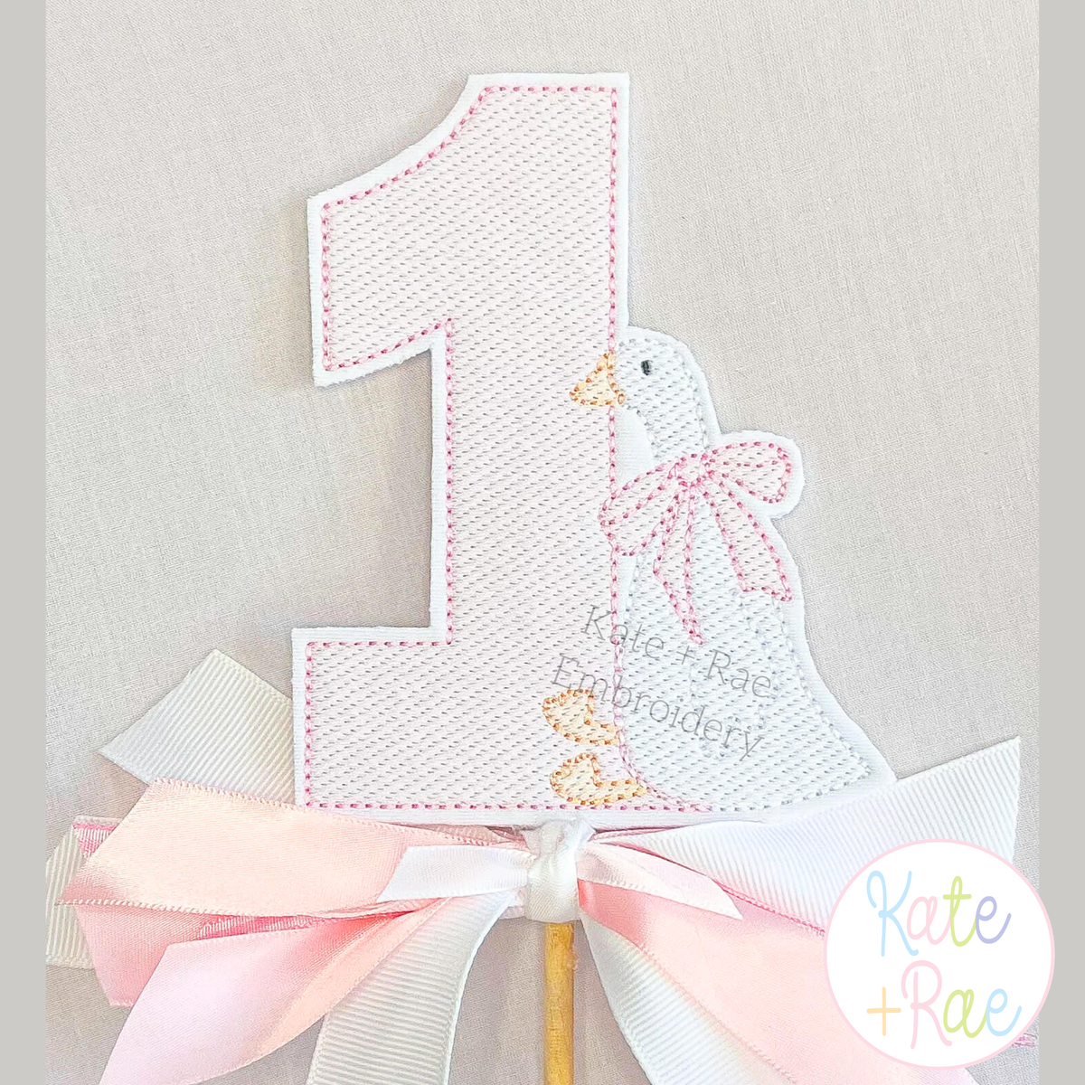 Girl's One Silly Goose with Bow Sketch Stitch Embroidery Design: Pink sketch number 1 cake topper with a white goose wearing a pink bow