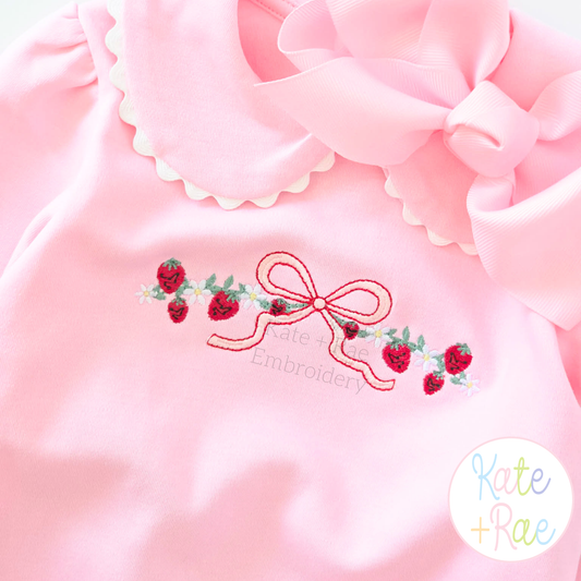 Strawberry Bow Vine Satin Stitch Embroidery Design