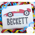 F1 Race Car Sketch Stitch Embroidery Design: Red sketch race car above BECKETT in gray letters on a white shirt