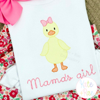 Girl Duck with Bow Sketch Stitch Embroidery Design: Yellow sketch duck with a pink bow above Mama's girl in pink script on a white shirt