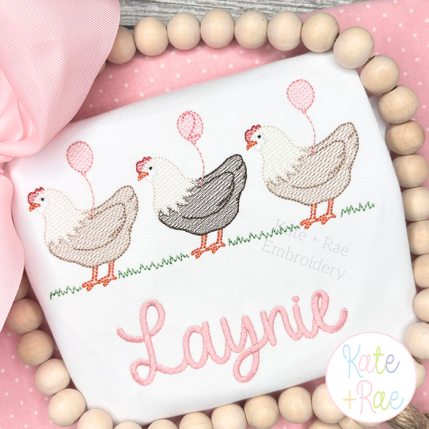 Chicken Trio with Birthday Balloons Sketch Stitch Embroidery Design