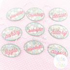 Oval Satin Stitch Bag Tag/ Keychain In The Hoop Embroidery Design: Nine floral oval bag tags with names in pink script on pink gingham