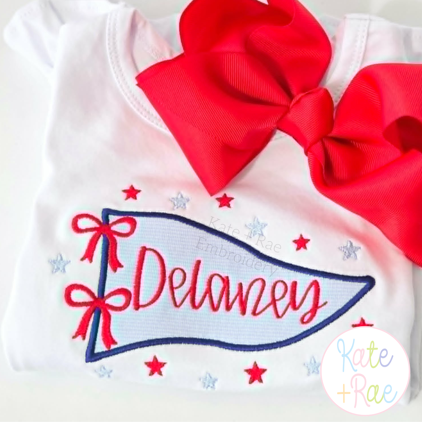 Pennant Flag with Stars and Bows Satin Stitch Applique Embroidery Design&nbsp;