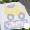Dump Truck Valentine's Sketch Embroidery with Name Plate: Dump truck carrying hearts above the name Sebastian in a blue name plate on a white shirt