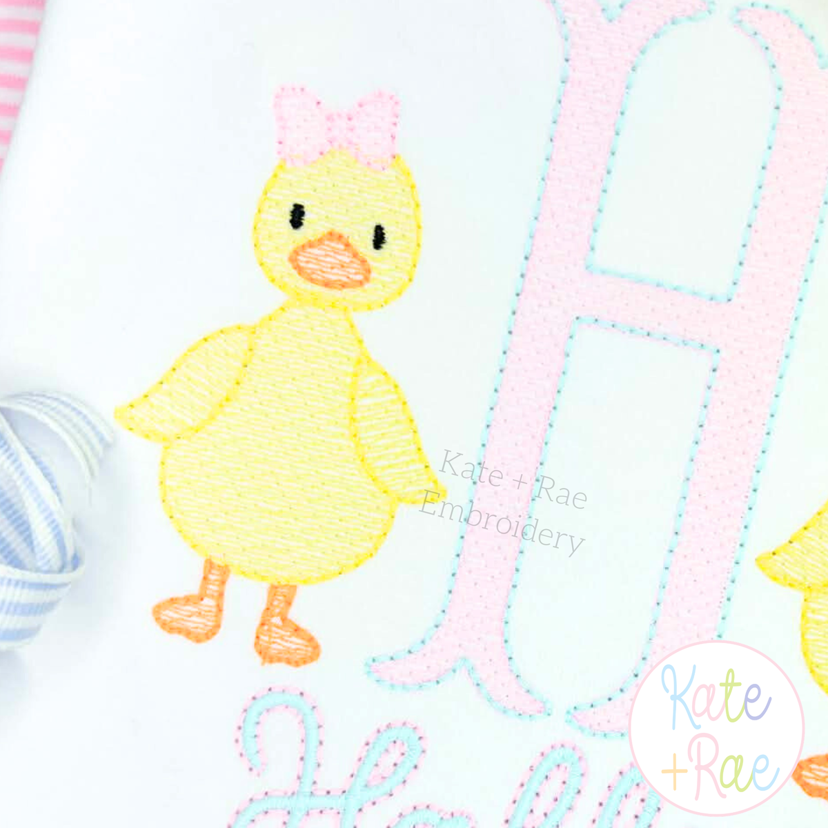 Girl Duck with Bow Sketch Stitch Embroidery Design: Close-up of a yellow sketch duck with a pink bow beside a pink letter H
