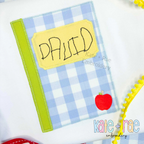 Boy's Back to School Notebook Zigzag Applique Embroidery Design: Blue gingham notebook applique with the name DAVID handwritten on a yellow label and a red apple