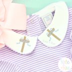Cross Stitch Mini Cross with Bow Embroidery Design: Close-up of tan mini cross stitch crosses with blue bows on a white collar