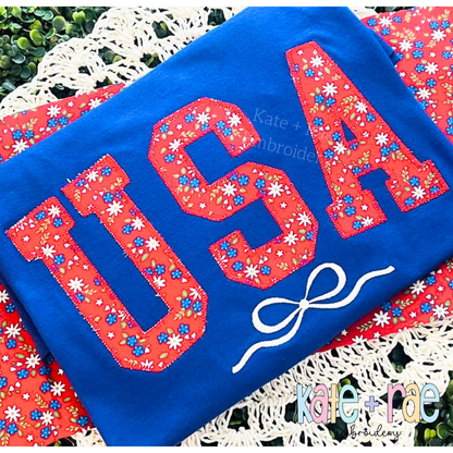 Curved USA with Bow Zigzag Stitch Applique Embroidery Design