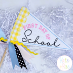 Scallop Edge Pennant Flag Bean Stitch Applique Embroidery Design: First Day of School pennant flag with black script lettering and ribbons