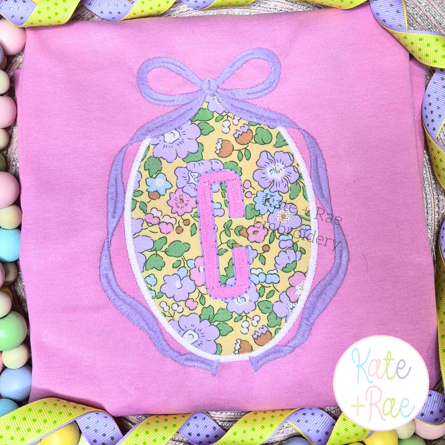 Oval Monogram Frame with Long Tail Bow Satin Stitch Applique