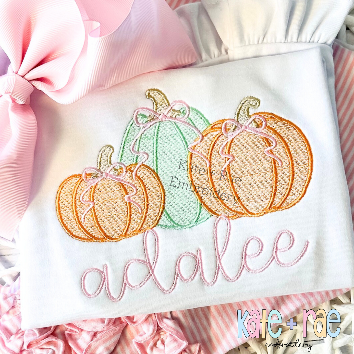 Girl's Fall Pumpkin Trio with Bows Sketch Stitch with Satin Outline Machine Embroidery Design