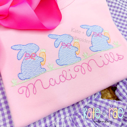 Girl's Easter Bunny with Carrots Trio Sketch Stitch Embroidery Design