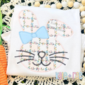 Girls Easter Bunny with Bow Zigzag Stitch Applique Embroidery Design: Floral plaid bunny face applique with a light blue bow on a white shirt