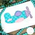 Airplane Zigzag Stitch Applique Embroidery Design: Teal plaid and purple gingham airplane zigzag applique on a white shirt
