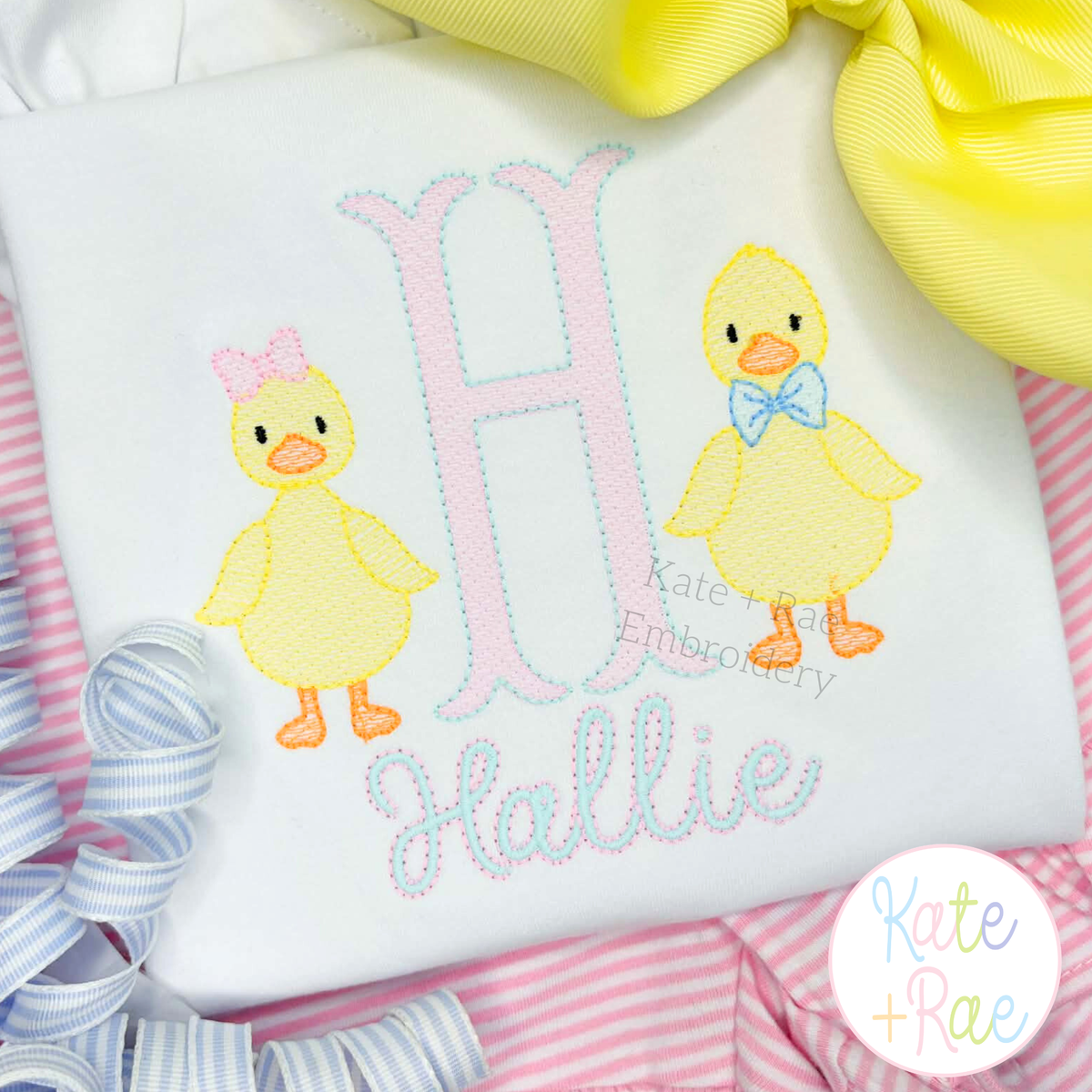 Girl Duck with Bow Sketch Stitch Embroidery Design: Pink letter H flanked by sketch ducks with bows above the name Hallie