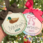Gingham ornaments with a cross stitch mallard named Nathan and a pink bow named Harleigh, 2025