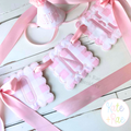 Scalloped Square ITH Banner Bean Stitch Applique Embroidery Design: Pink gingham scalloped square banners spelling ONE with pink ribbons