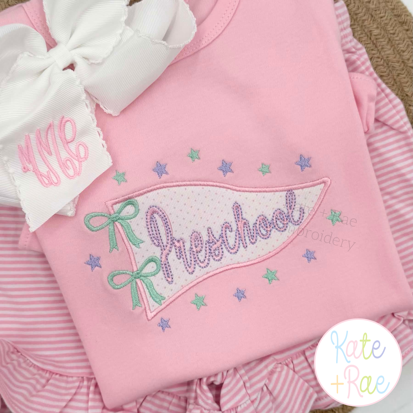 Pennant Flag with Stars and Bows Satin Stitch Applique Embroidery Design&nbsp;
