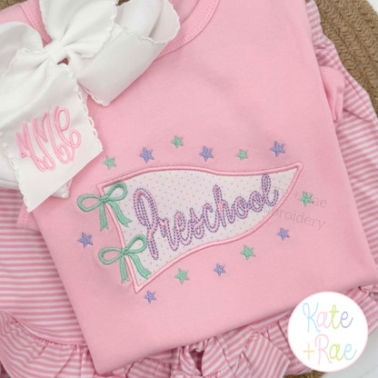 Pennant Flag with Stars and Bows Satin Stitch Applique Embroidery Design&nbsp;