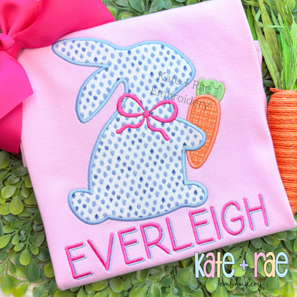 Girl's Easter Bunny with Carrot and Bow Satin Stitch Applique Embroidery Design