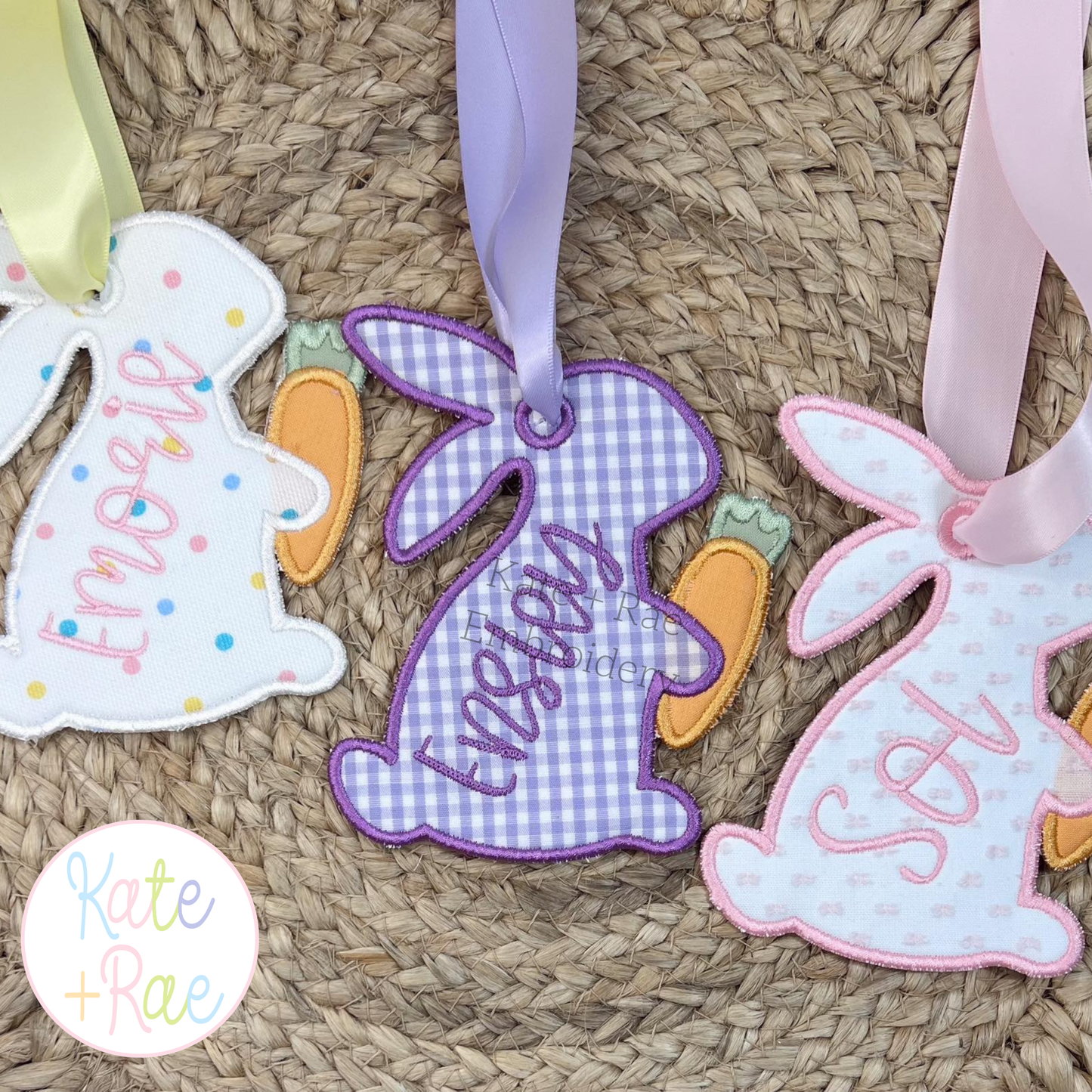 Bunny Easter Basket Tag Satin Stitch Applique Embroidery Design