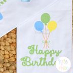Birthday Balloon Fill Stitch Embroidery Design: Fill stitch balloons above Happy Birthday in green script on a white pennant banner
