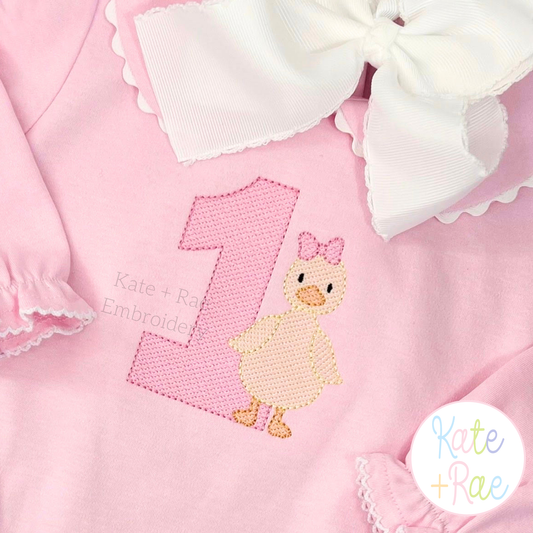 Girl's One Lucky Duck with Bow Tie Sketch Stitch Embroidery Design