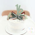 One Half Satin Stitch Applique Embroidery Design: Green gingham one half cake topper with ribbon bows on a white smash cake