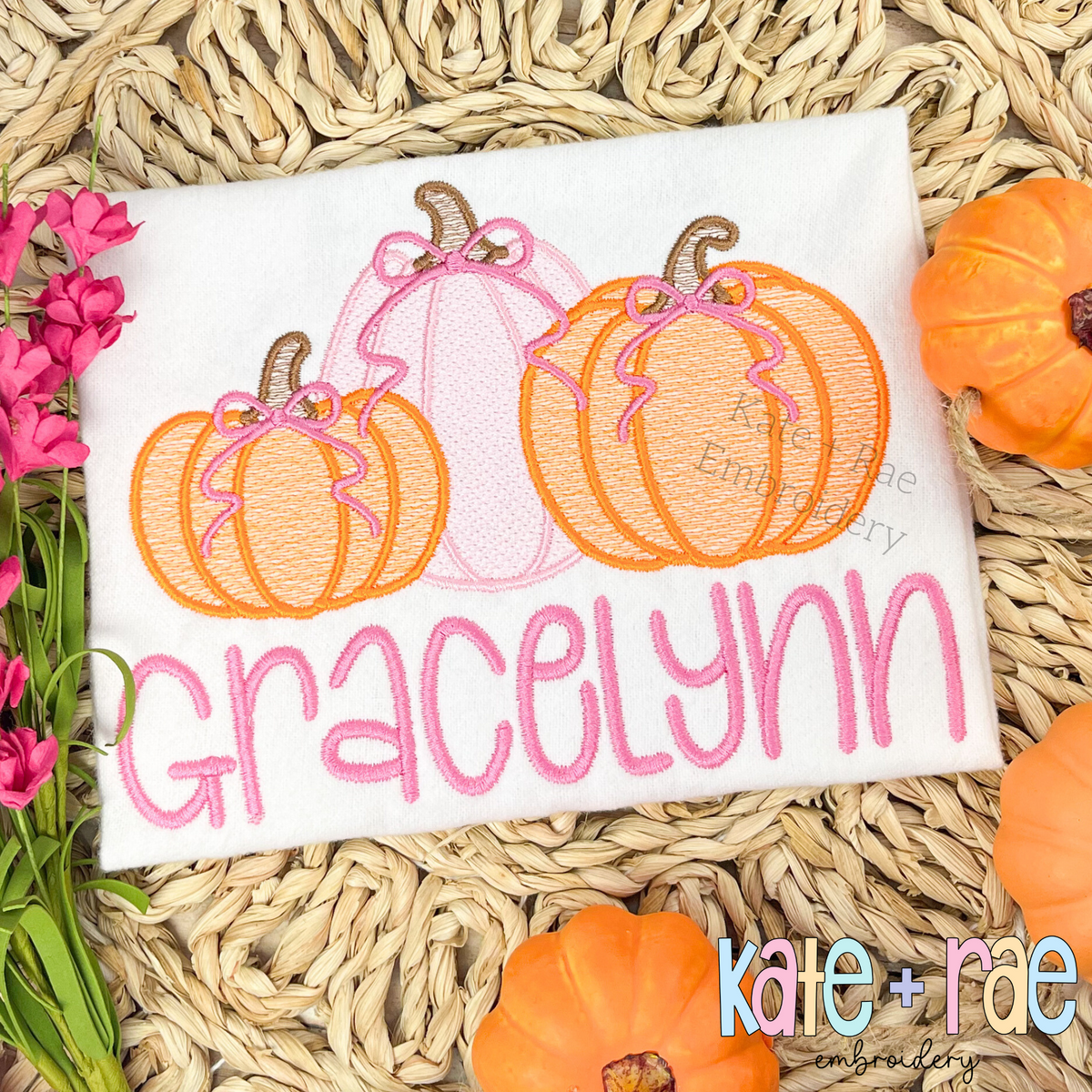 Girl's Fall Pumpkin Trio with Bows Sketch Stitch with Satin Outline Machine Embroidery Design
