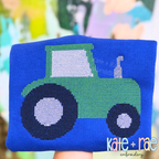 Tractor Cross Stitch Embroidery Design: Green tractor cross stitch on a royal blue sweater