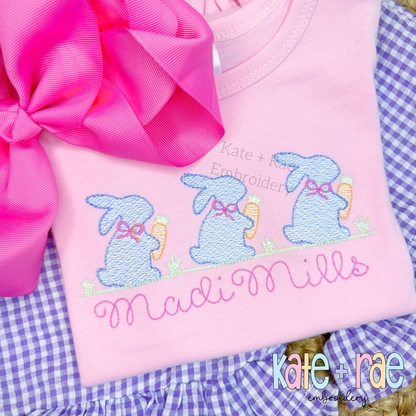 Girl's Easter Bunny with Carrots Trio Sketch Stitch Embroidery Design