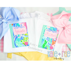 Girl's Back to School Notebook Zigzag Applique Embroidery Design: Two shirts with bright print notebook appliques named Annabelle and Lillian