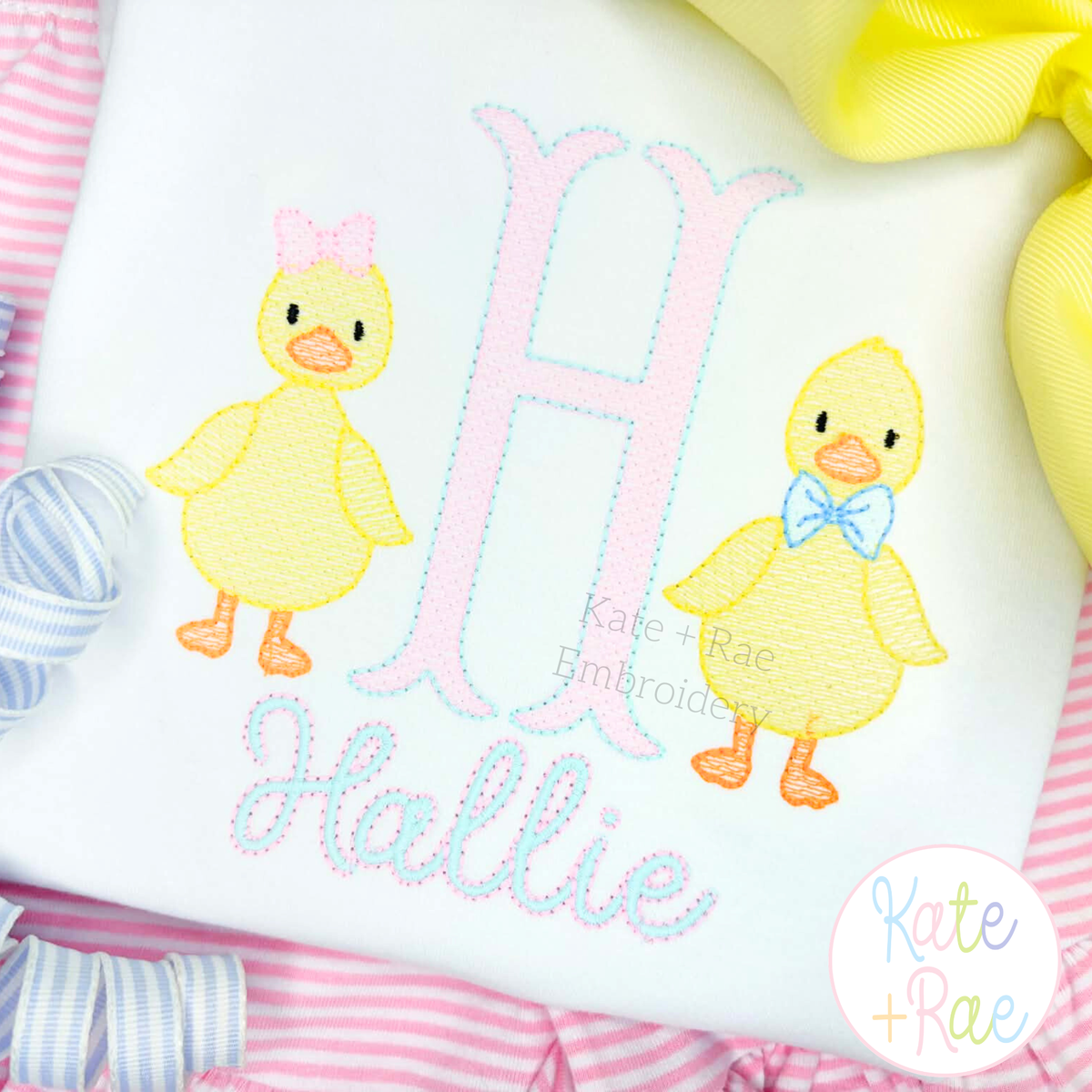 Girl Duck with Bow Sketch Stitch Embroidery Design: Pink letter H with a girl duck and boy duck above the name Hallie