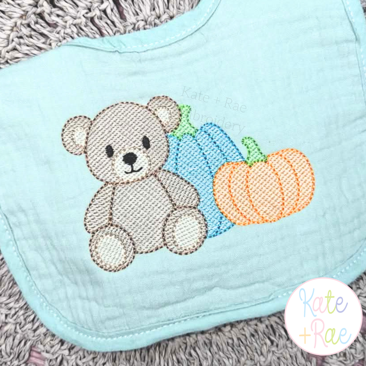 Teddy Bear with Fall Pumpkins Sketch Stitch Embroidery Design