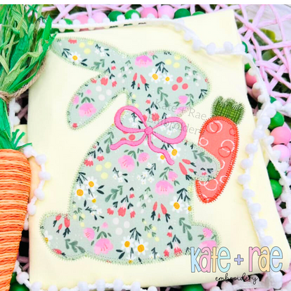 Girl's Easter Bunny with Carrot and Bow Zigzag Stitch Applique Embroidery Design