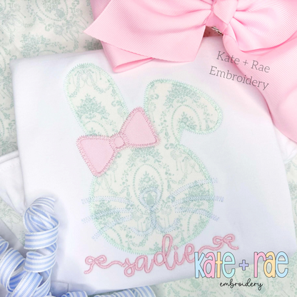 Girls Easter Bunny with Bow Zigzag Stitch Applique Embroidery Design