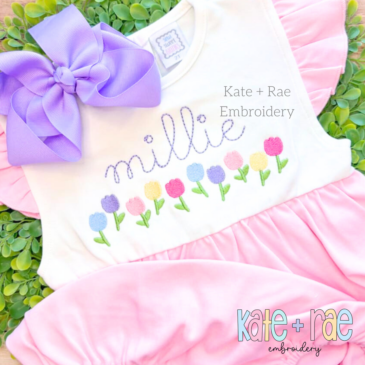 Tulip Party Fill Stitch Embroidery Design: Row of small pastel fill stitch tulips below the name millie in lavender script on a pink ruffled dress