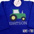 Tractor Cross Stitch Embroidery Design: Green tractor cross stitch above the name WATSON on a royal blue sweater
