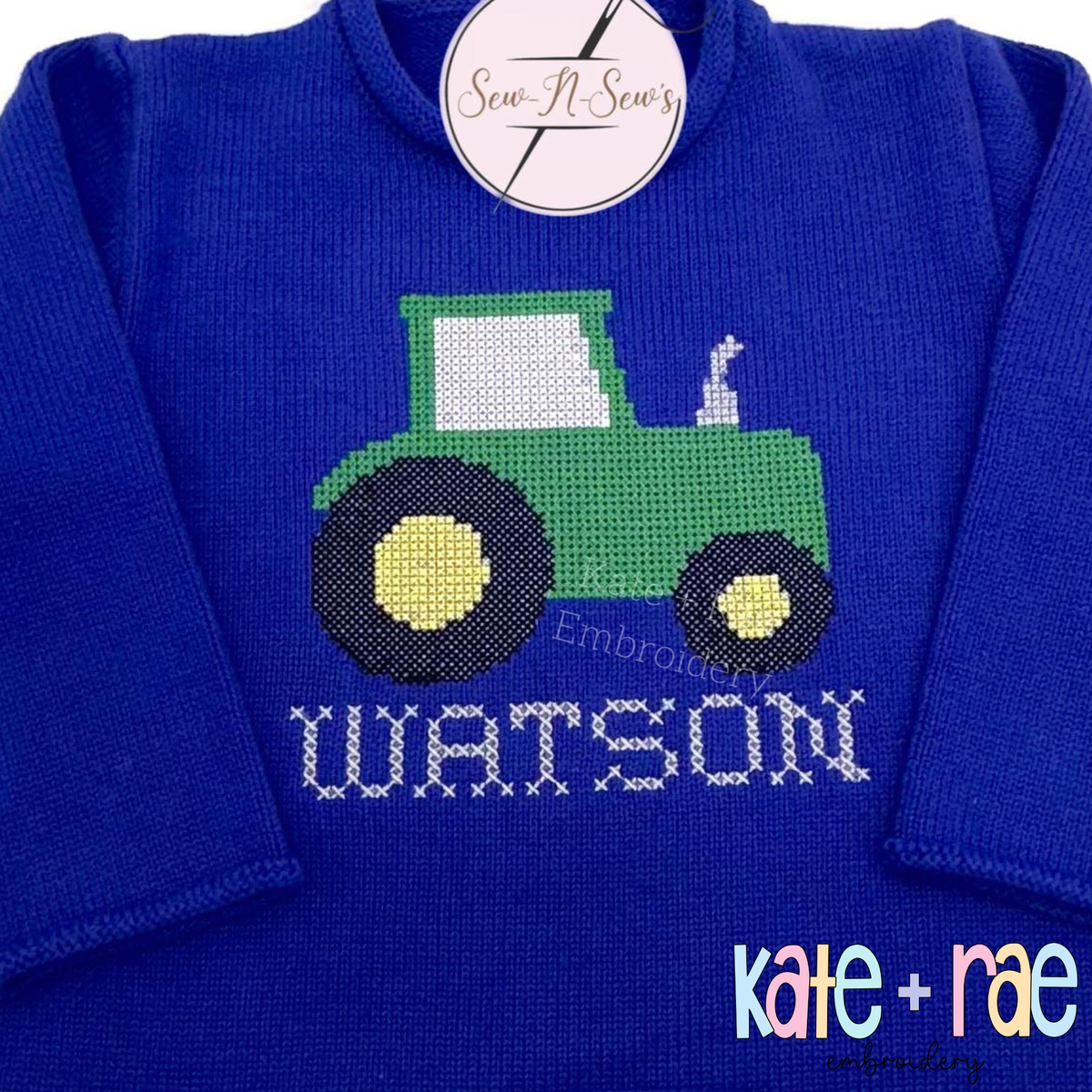 Tractor Cross Stitch Embroidery Design: Green tractor cross stitch above the name WATSON on a royal blue sweater